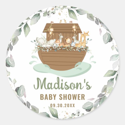 Noah's Ark Greenery Neutral Boy Girl Baby shower Ronde Sticker (Voorkant)