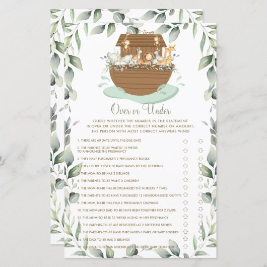 Noah's Ark Greenery over of onder Baby shower Game (Voorkant / Achterkant)