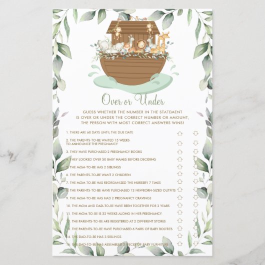 Noah's Ark Greenery over of onder Baby shower Game (Voorkant)