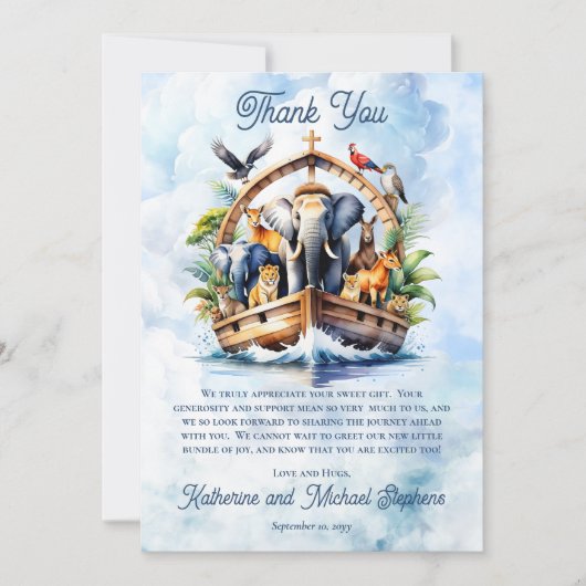 Noah's Ark Leuke Dieren Blauwe Jongen Baby shower Bedankkaart (Voorkant)