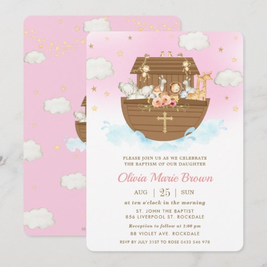 Noah's Ark Leuke Dieren Roze Doop Doop Kaart (Voorkant / Achterkant)