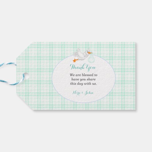 Noah's Ark Mint Green Gingham Bedankt cadeau Cadeaulabel (Achterkant Horizontaal)