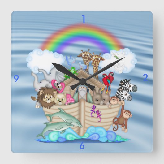 Noahs Ark Nursery Wall Clock Gift voor Baby Vierkante Klok (Voorkant)