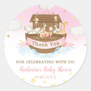Noah's Ark Pink Animals Girl Baby shower Bedankt Ronde Sticker