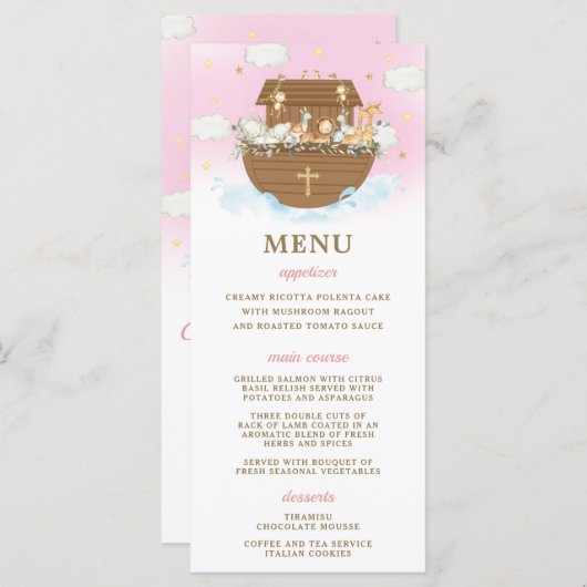 Noah's Ark Pink Baptism Birthday Baby shower Menu (Voorkant / Achterkant)