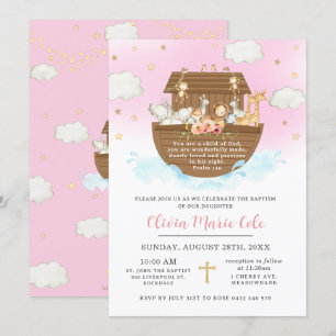 Noah's Ark Pink Baptism Christening Dedicatie Kaart