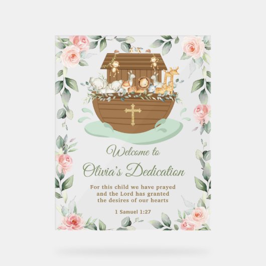 Noah's Ark Pink Floral Dedications Christening Acryl Bord (Voorkant)