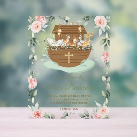 Noah's Ark Pink Floral Dedications Christening Acryl Bord (Neutraal)