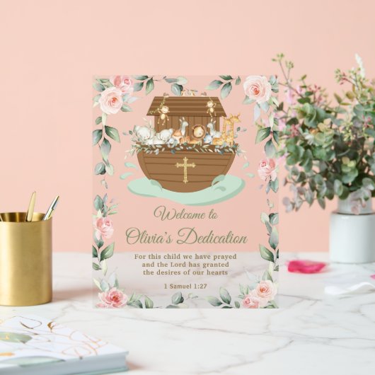 Noah's Ark Pink Floral Dedications Christening Acryl Bord (Huwelijk)