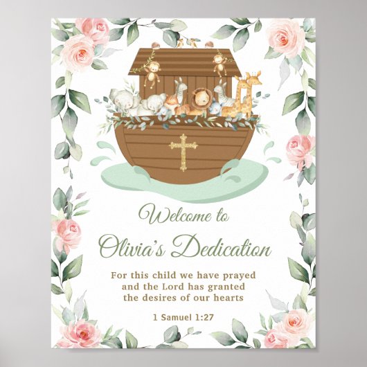 Noah's Ark Pink Floral Dedications Christening Poster (Voorkant)