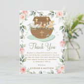 Noah's Ark Pink Floral Meisje Dopen Bedankkaart (Staand voorkant)