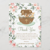 Noah's Ark Pink Floral Meisje Dopen Bedankkaart (Voorkant / Achterkant)