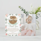 Noah's Ark Pink Floral Meisje Dopen Bedankkaart (Staand voorkant)