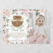 Noah's Ark Pink Floral Meisje Dopen Bedankkaart (Voorkant / Achterkant)