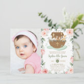Noah's Ark Pink Floral Meisje Dopen Kaart (Staand voorkant)