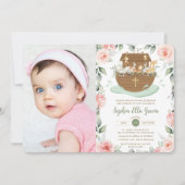 Noah's Ark Pink Floral Meisje Dopen Kaart (Voorkant)