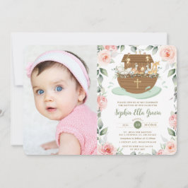 Noah's Ark Pink Floral Meisje Dopen Kaart