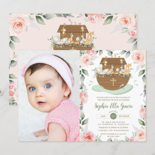 Noah's Ark Pink Floral Meisje Dopen Kaart