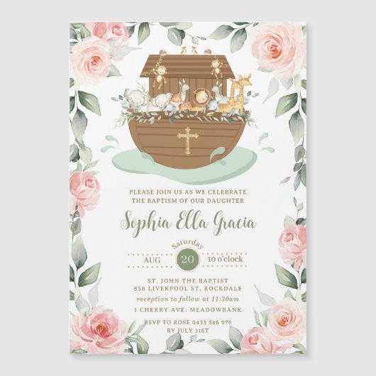 Noah's Ark Pink Floral Meisje Dopen Uitnodiging (Voorkant)