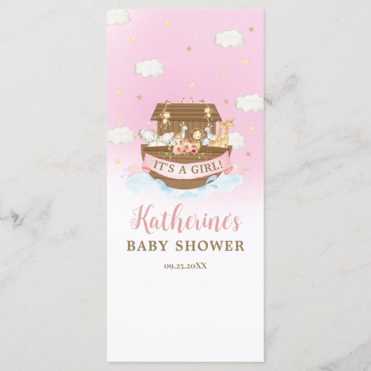 Noah's Ark Pink Girl Twins Baby shower Programmakaart (Achterkant)