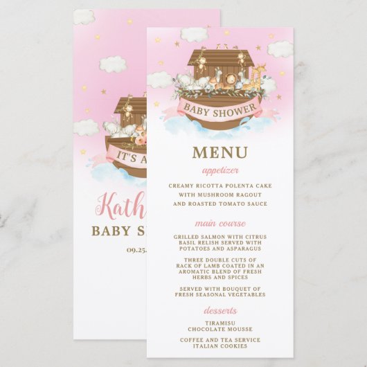 Noah's Ark Pink Girl Twins Baby shower Programmakaart (Voorkant / Achterkant)