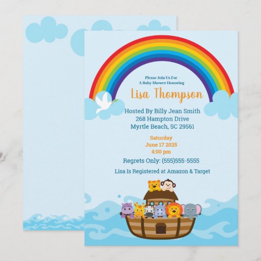 Noah's Ark Rainbow Baby shower Invitation Kaart (Voorkant / Achterkant)