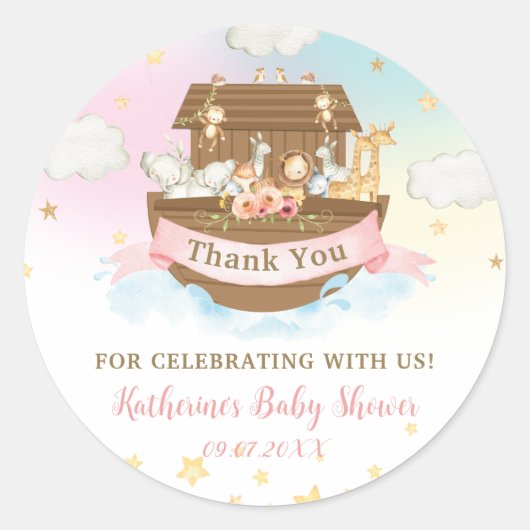 Noah's Ark Rainbow Birthday Baby shower Bedankt Ronde Sticker (Voorkant)