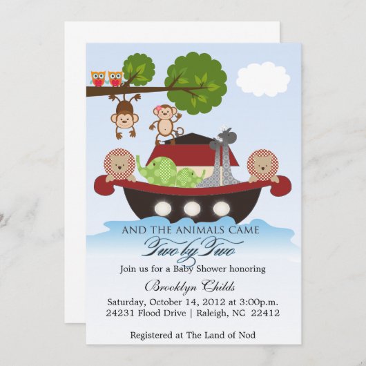 Noah's ark sets Sail Baby shower Invitation Kaart (Voorkant / Achterkant)
