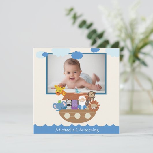 Noah's Ark Square Christening Invitations Kaart (Staand voorkant)