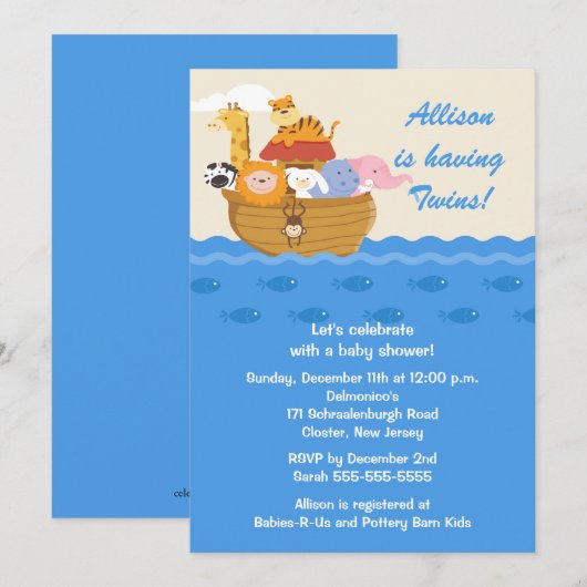 Noah's Ark Twins Baby shower Kaart (Voorkant / Achterkant)