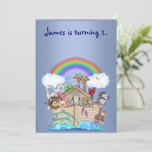 Noahs ark uitnodiging blauw (Staand voorkant)