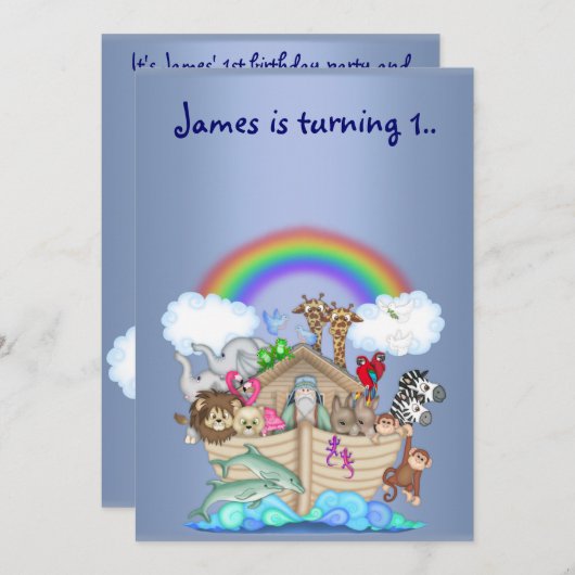 Noahs ark uitnodiging blauw (Voorkant / Achterkant)
