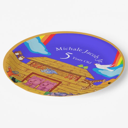 Noah's Ark Verjaardagsfeest Rainbow Elephant Papieren Bordje (Gekanteld)
