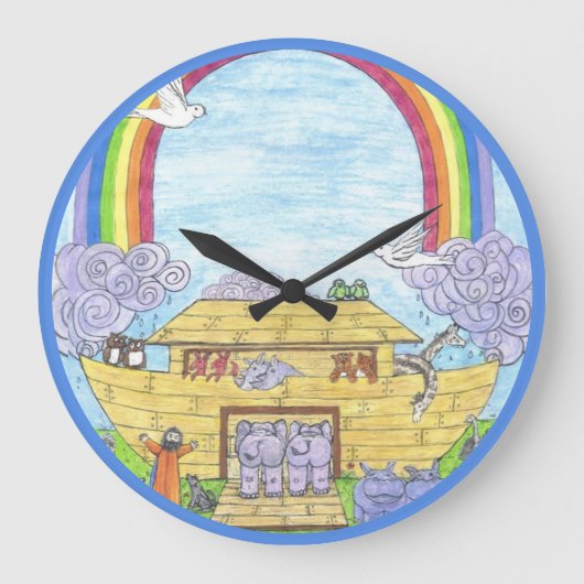 Noah's Ark Waterverf Rainbow Funny Elephant Grote Klok (Voorkant)