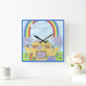 Noah's Ark Waterverf Rainbow Funny Elephant Vierkante Klok (Huis)