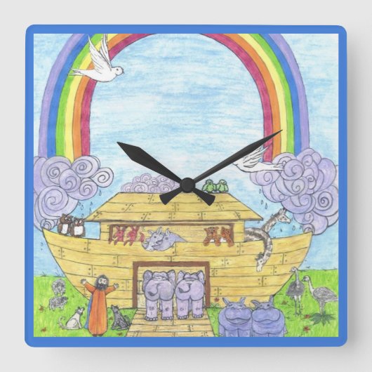 Noah's Ark Waterverf Rainbow Funny Elephant Vierkante Klok (Voorkant)