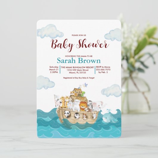 Noah's uitnodiging voor Ark Baby shower (Staand voorkant)