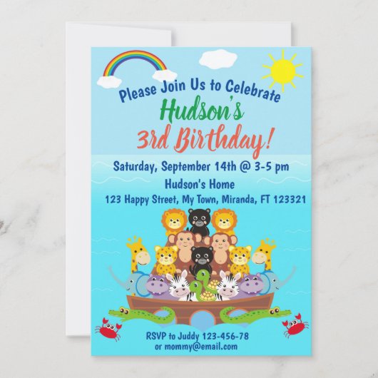 Noah's uitnodiging voor de geboorte van Ark Birthd (Voorkant)