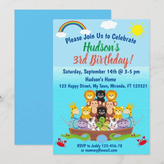 Noah's uitnodiging voor de geboorte van Ark Birthd (Voorkant / Achterkant)