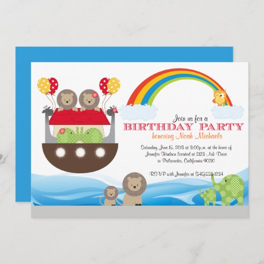 Noah's uitnodiging voor de geboorte van Ark Birthd (Voorkant / Achterkant)