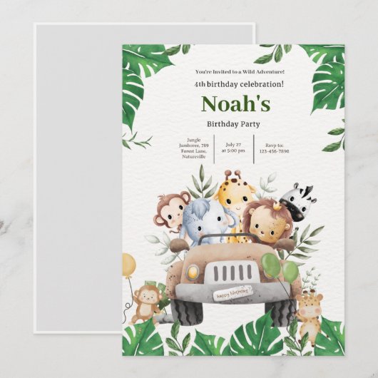 Noah's Wild Animal Adventure Birthday Bash Kaart (Voorkant / Achterkant)
