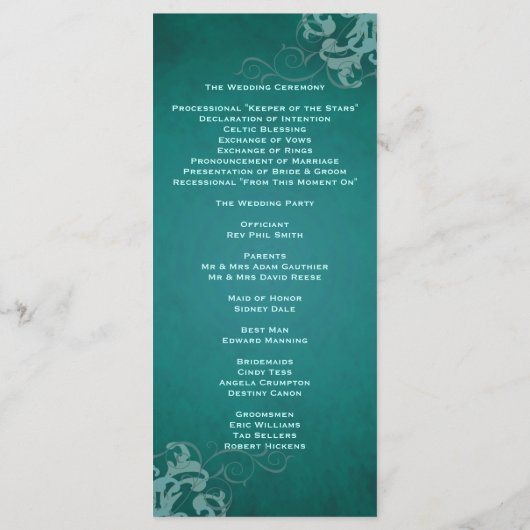 Nobel Blauwgroen Scroll Blauwgroen bruiloft progra Programmakaart (Achterkant)