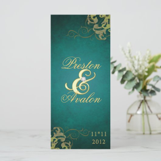 Nobel Blauwgroen Scroll Gold Wedding Programma Programmakaart (Staand voorkant)
