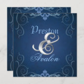 Nobel Blue Texture Silver Scroll Uitnodiging (Voorkant / Achterkant)