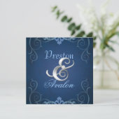 Nobel Blue Texture Silver Scroll Uitnodiging (Staand voorkant)