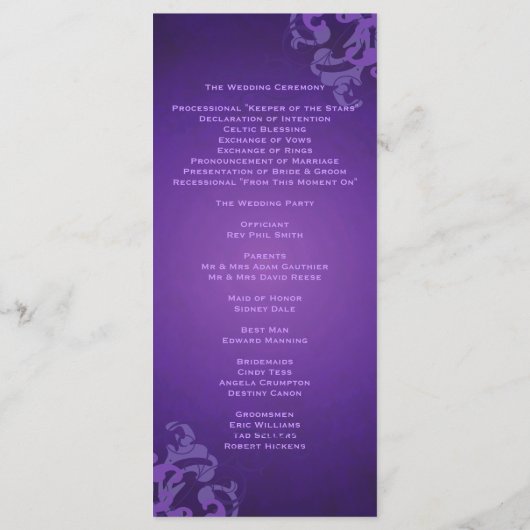Nobel Paarse Scroll Paarse bruiloft programma Programmakaart (Achterkant)