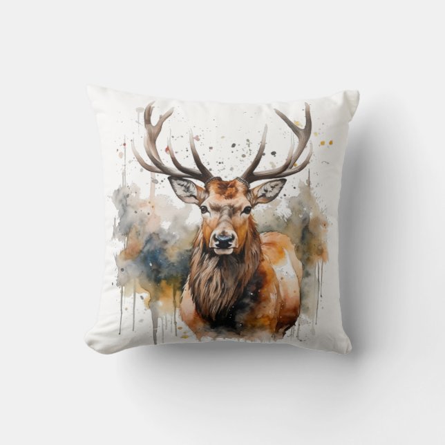 Noble Antlers: Woodland Elk Waterverf Art Kussen (Voorkant)