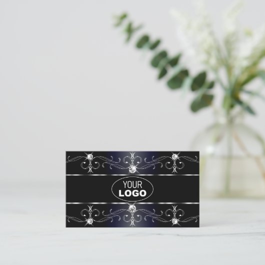 Noble Black Blue Borders Diamonds Logo Foto Visitekaartje (Staand voorkant)
