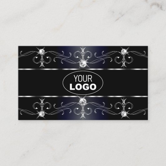 Noble Black Blue  Borders Diamonds Logo Foto Visitekaartje (Voorkant)