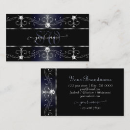 Noble Black Blue  Borders Diamonds monogram Visitekaartje